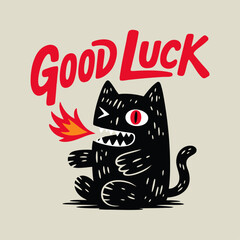 Retro hand-drawn black cat monster t-shirt design.