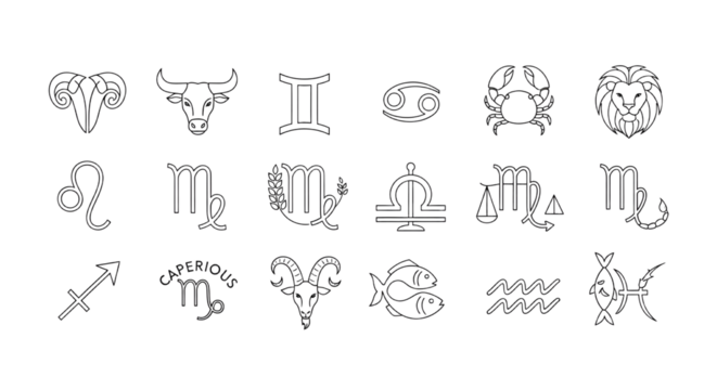 White Zodiac Signs Set on Black Background