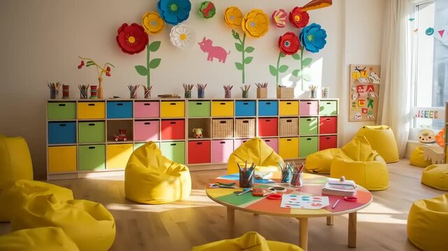 Bright and colorful children's art room with playful decor