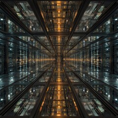 Reflective Server Room Tunnel, Geometric Light Play.