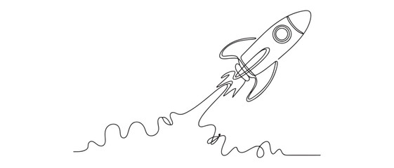 One continuous line drawing of simple retro spacecraft flying up to the outer space nebula. Rocket space ship launch into universe concept. Vector black silhouette. with white background