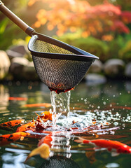 Koi fish pond cleaning with net