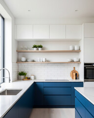 Cobalt Blue and White Minimalist Kitchen with Open Shelving