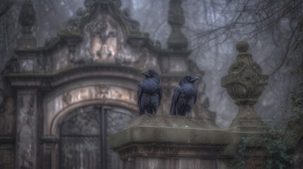 Gothic cemetery gate with ravens perched on top