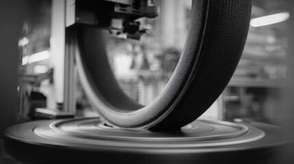 Fototapeta premium Medium shot highlighting the durable material texture of a 3Dprinted tire prototype on a rotating platform with the tire crisp and the surroundings softly blurred.