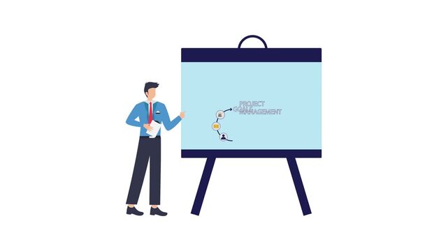 Smart businessman presents scope of work in meeting, illustrating project management. Concept of setting clear goals, targets, and objectives to guide project towards successful complete