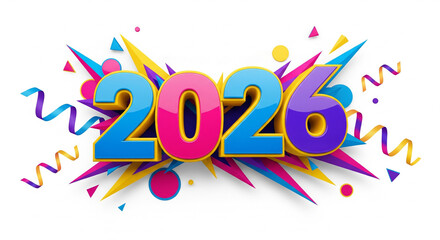 A dynamic and colorful 3D render of the number "2026" surrounded by abstract shapes and confetti, perfect for New Year celebrations and festive designs