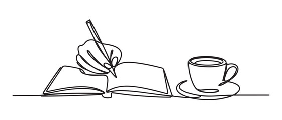 Single continuous line drawing of hand gesture writing on an open book beside a cup of coffee at work desk. Vector black silhouette. with white background
