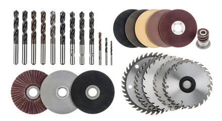 Comprehensive assortment of industrial attachments for power tools, featuring various drill bits, circular cutting blades, and abrasive grinding wheels