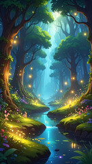 Magical forest pathway with glowing stream