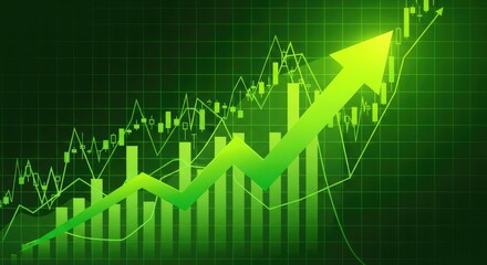 Green Arrow and Candlestick Chart on Grid Showing Financial Growth and Success