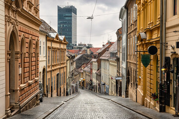Steep cobblestone street in the historic center of Zagreb with picturesque houses, Zagreb.