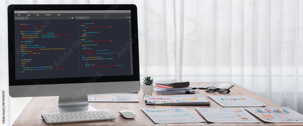 Wall mural software development programming on computer screen for brisk application and program coding