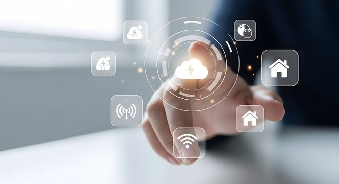 Person touching a futuristic smart home interface with digital icons
