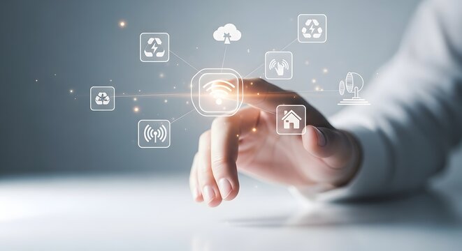 Hand interacting with futuristic digital interface showcasing eco friendly technology icons