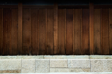 伝統的な日本建築の背景用素材。落ち着いた風合いの板壁と石積みの基礎の塀