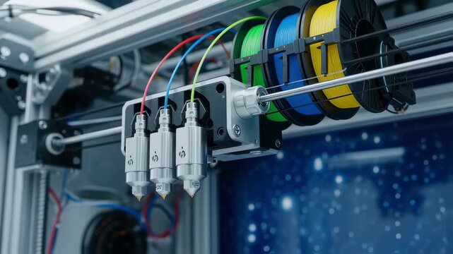 Detailed shot of extrusion nozzles and filament feed system inside a zeroG 3D printer rig optimized for smooth material deposition in weightlessness.