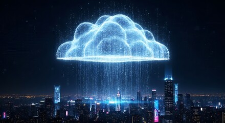 Digital cloud computing symbol over a city skyline at night with data stream