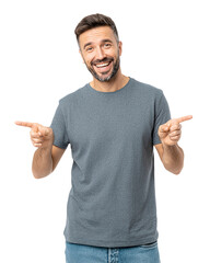 Smiling man in gray shirt points fingers. Product promotion, advertising.