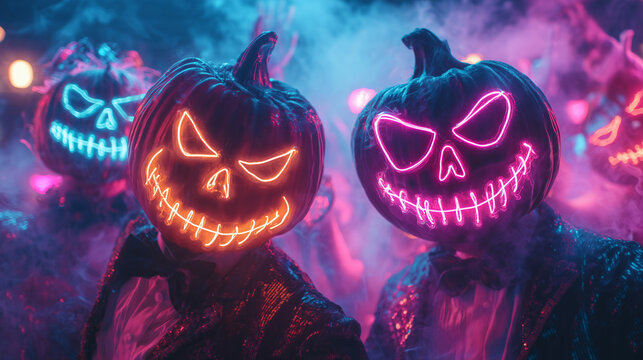 Halloween party with friends in costumes dancing with neon lights and smoke keywords: halloween, party, friends, costumes, dancing, neon, smoke, spooky, festive, autumn, october, f