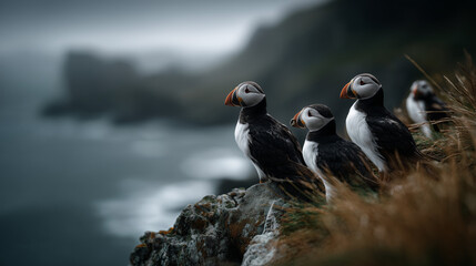 Fototapeta premium several Atlantic puffins sitting together on mossy Icelandic rocks near the ocean