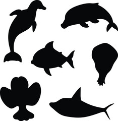 Silhouette of Diverse Marine Life Underwater Featuring a Dolphin, Seal, Sea Turtle, and Shark in Black and White