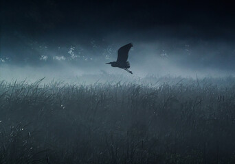 Great Blue Heron in flight with foggy marsh backdrop
