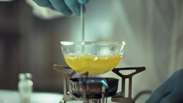 Mixing chemicals in a laboratory experiment using a Bunsen burner for heating. A scientist in gloves stirs a yellow liquid in a glass container on a Bunsen burner