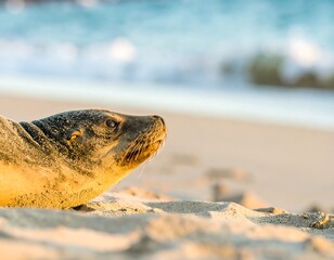 Obraz premium Close-up of a seal resting on a sandy beach at dawn