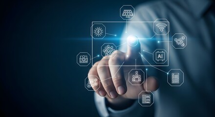 Businessman interacting with a futuristic holographic interface displaying various digital icons