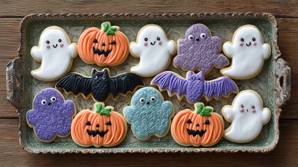Halloween cookies shaped like ghosts, bats and pumpkins on tray keywords: halloween, cookies, dessert, ghosts, bats, pumpkins, sweets, tray, festive, autumn, october, seasonal, bak