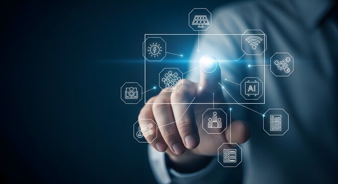 Businessman interacting with a futuristic holographic interface displaying various digital icons