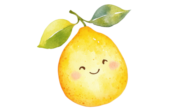 Cute kawaii watercolor lemon on transparent background, png