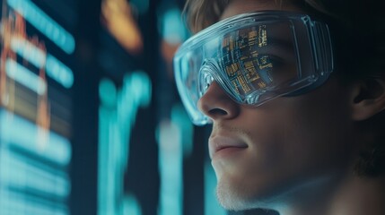 Young man wearing safety glasses, focused on a digital screen displaying data.