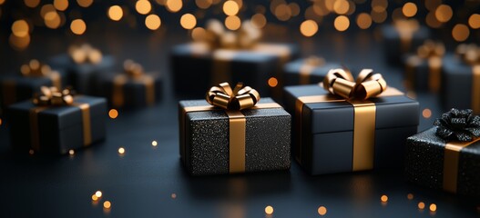 Festive Gift Boxes With Golden Ribbons on a Dark Surface Illuminated by Soft Lights