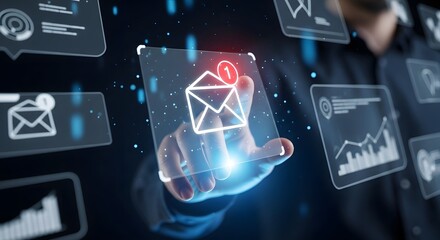 Futuristic technology interface with hand interacting with digital email icon