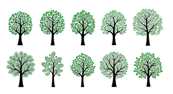 Collection of ten trees isolated on transparent background