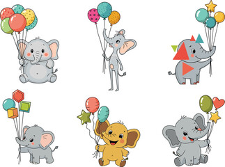 Naklejka premium Cute cartoon baby elephants with colorful balloons, playful animals illustration, kids party decoration, nursery design, flat vector drawing, children artwork