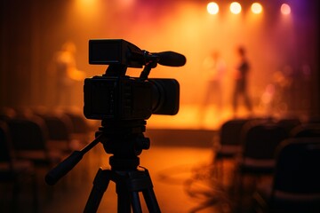 Video Camera Recording Theater Stage Show with Blurred Performers Under Colorful Dramatic Lights in Auditorium