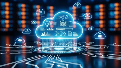 A futuristic digital cloud computing network with glowing neon blue lines and data streams, symbolizing connectivity and information transfer in a server room - Powered by Adobe
