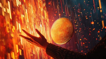 Hand reaching towards a glowing planet amidst a fiery digital backdrop.