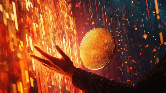 Hand reaching towards a glowing planet amidst a fiery digital backdrop.