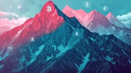 Bitcoin symbol atop a stylized mountain range, representing cryptocurrency's peak.