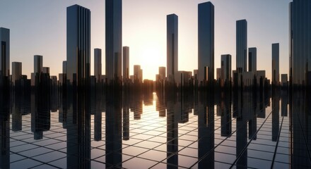 Futuristic cityscape reflection at sunrise with modern skyscrapers and glass towers