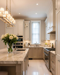 Luxury Cream and Beige Minimalist Kitchen with Stone Countertop