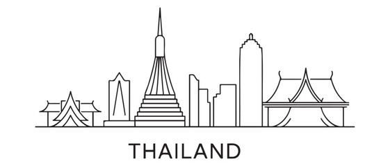 Outline Welcome to Thailand City Skyline with Line art Buildings. with white background