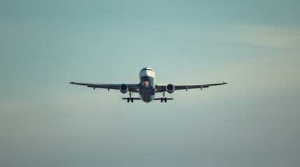 Fototapeta premium Commercial airplane soaring through the sky during mid-flight captured with a long telephoto lens