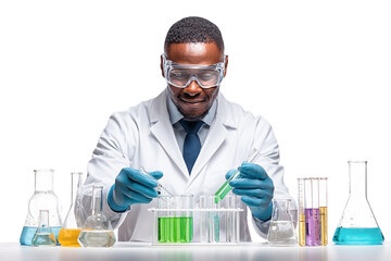 African American scientist mixes green liquid. Lab glassware holds colorful solutions. Use for science product photography or branding.