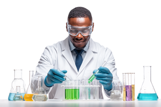 African American scientist mixes green liquid. Lab glassware holds colorful solutions. Use for science product photography or branding. - Powered by Adobe