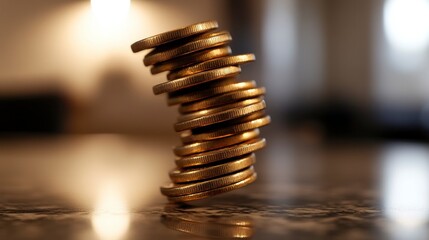 Close-up of a stack of gold coins precariously balanced on a reflective surface.
